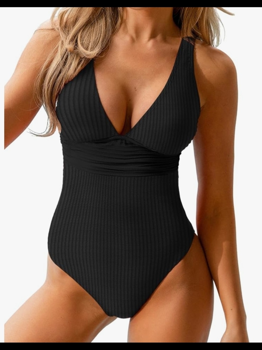 Cupshe Black Ribbed V-Neck One-Piece Swimsuit  Size L